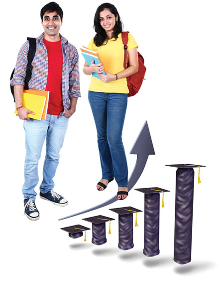 Students standing near education graph