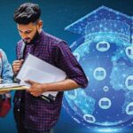 Male and female student discussing studies against globe background