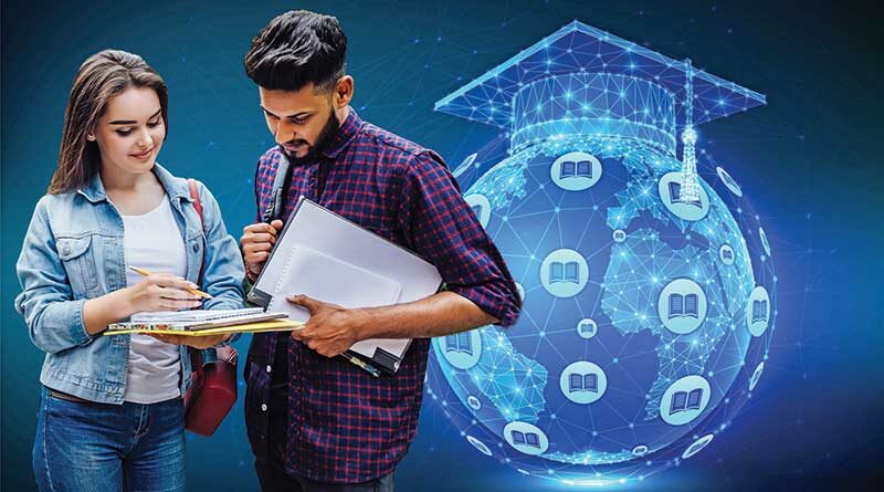 Male and female student discussing studies against globe background