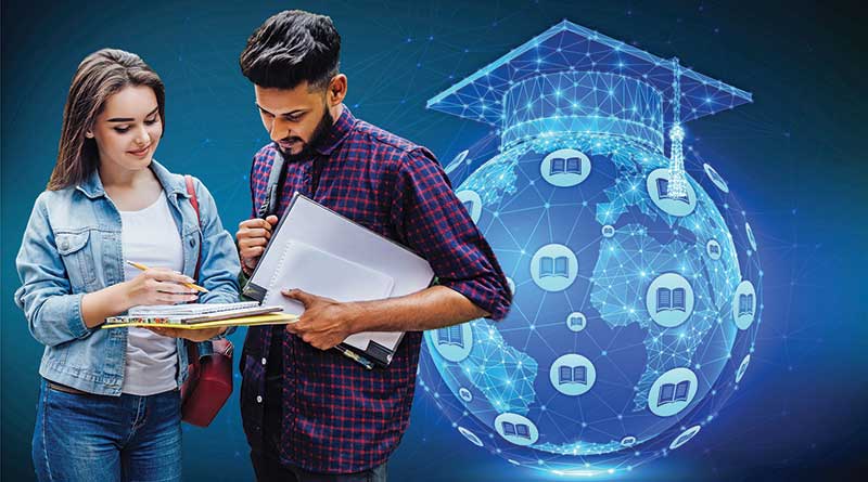 Male and female student discussing studies against globe background