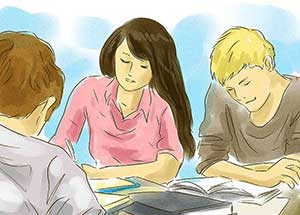 Illustration of three students studying together