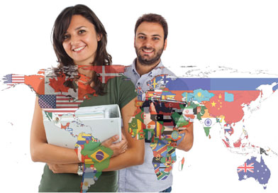 Students standing behind world map