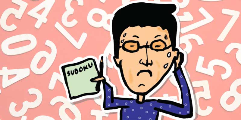 Illustration of man feeling ill while solving a sudoku puzzle
