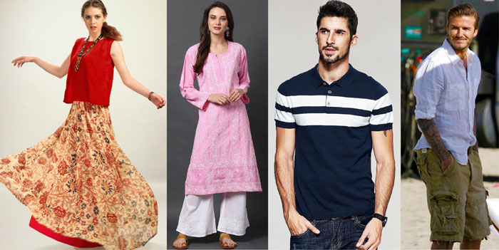 Models wearing long skirt with short kurti, salwar kameez, polo shirt and David Beckham wearing cargo shorts and white shirt