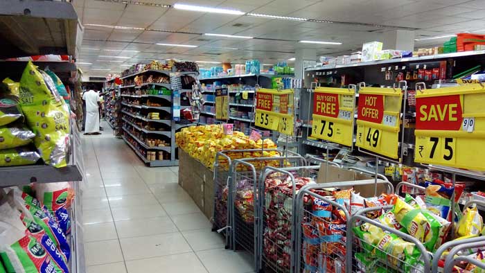 Supermarket with discounted products on display