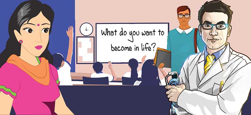 Illustration of teacher, student, doctor near blackboard in a classroom