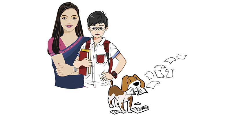Cartoon illustration of teacher, student and dog with papers flying
