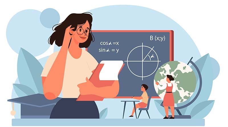 Teacher in front of blackboard looking at students