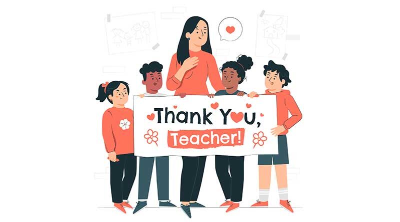 Teacher with students holding a sign with Thank You Teacher written on it