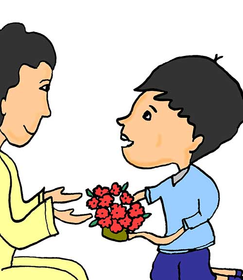 Illustration of a student kneeling before his teacher and presenting her with a bunch of flowers on Wai Kru Day