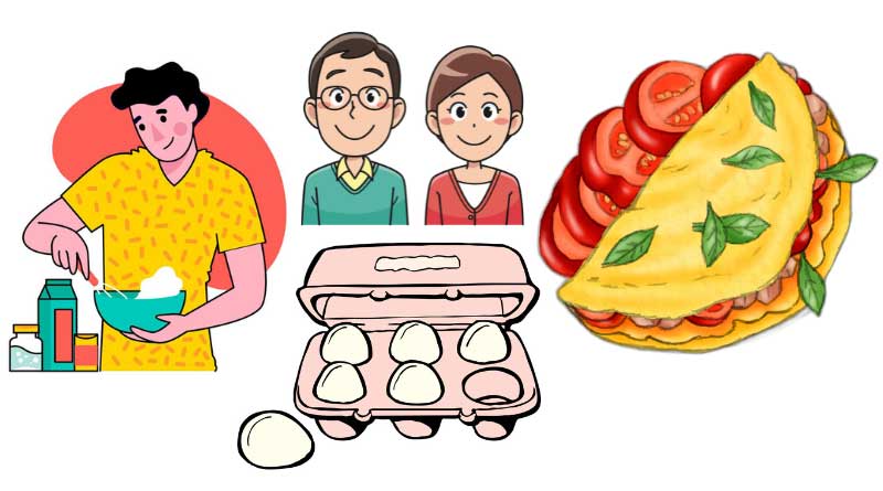 Collage of teen boy making an omelette with a carton of eggs and a middle aged couple nearby