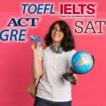 Teenage girl holding a globe in one hand and a toy plane in the other looking at logos of standardized tests for studying abroad