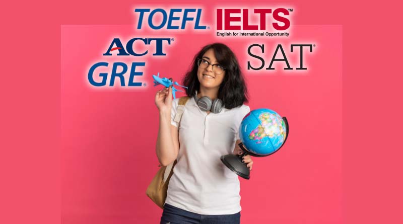 Teenage girl holding a globe in one hand and a toy plane in the other looking at logos of standardized tests for studying abroad