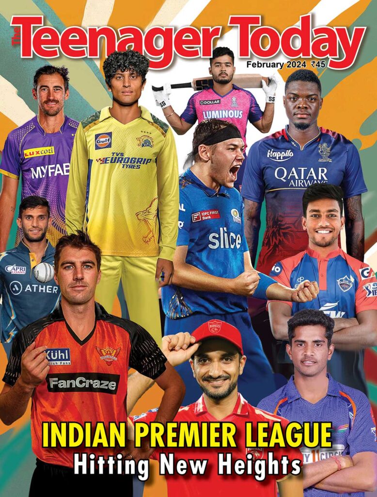 Cover of the February 2024 issue of The Teenager Today featuring cricket players belong to various IPL cricket teams.
