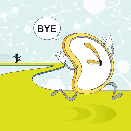 Time management concept of clock running away from man