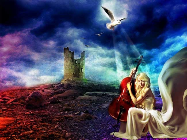 Woman playing cello with dove flying above
