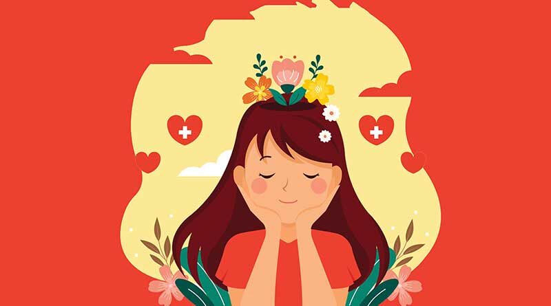 Young girl with flowers emerging from her mind signifying mental health