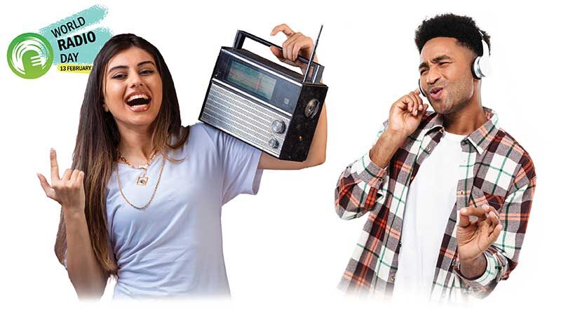 Young woman holding vintage radio and young man listening to music on headphones