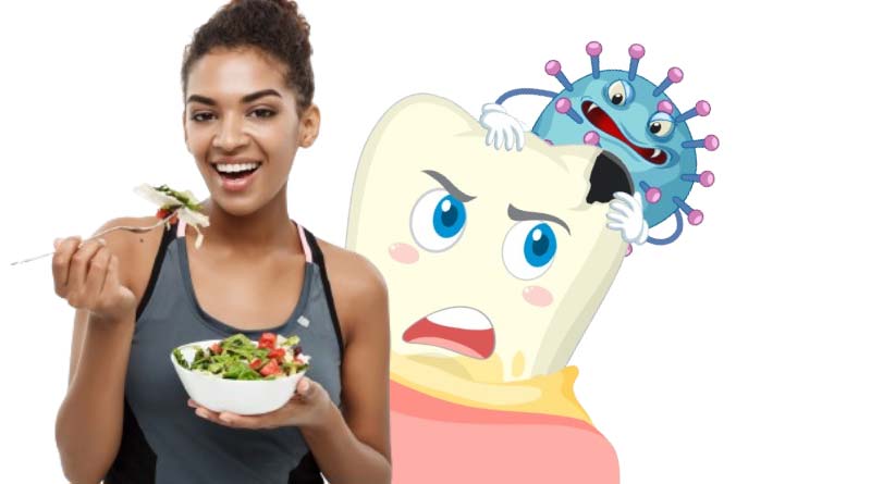 Young woman in workout clothes eating healthy food while a cartoon tooth with blue bacteria looms over her shoulder.