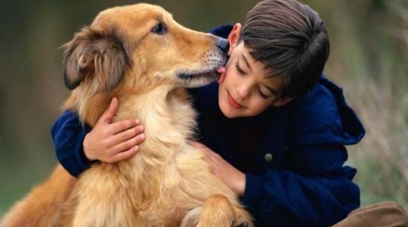 Young boy hugging his pet dog