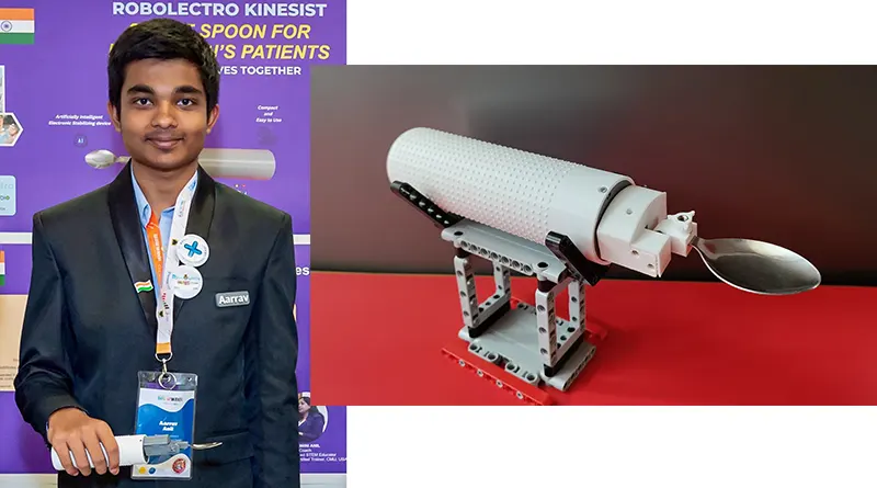 Aarav Anil with picture of the smart spoon alongside
