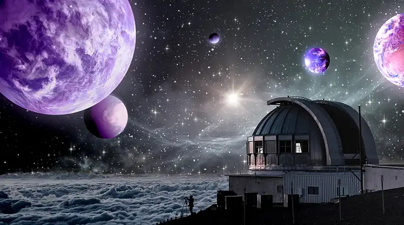 Illustration of alien planets in purple