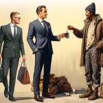 Two businessmen dressed in suits with a homeless man who is dropping a coin into one of the businessmen's coffee cup