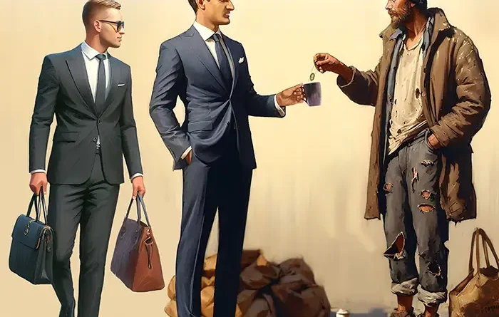 Two businessmen dressed in suits with a homeless man who is dropping a coin into one of the businessmen's coffee cup