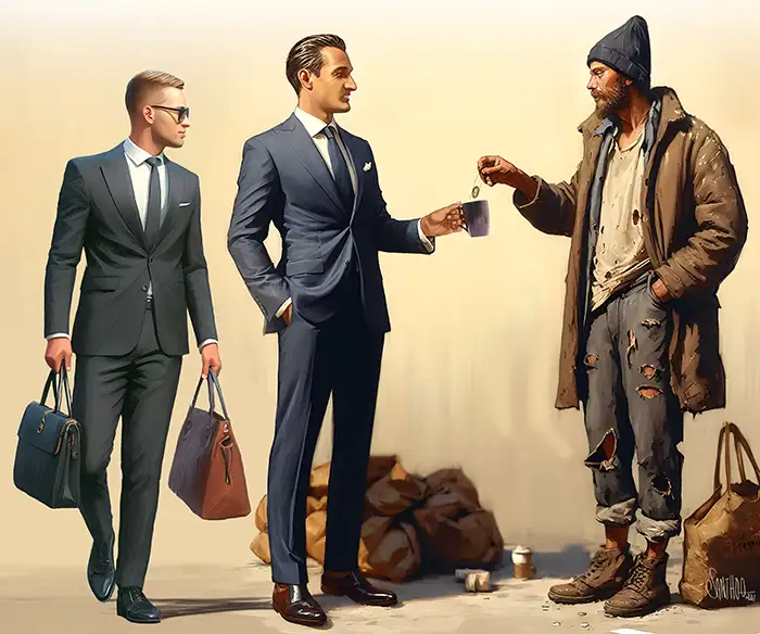 Two businessmen dressed in suits with a homeless man who is dropping a coin into one of the businessmen's coffee cup