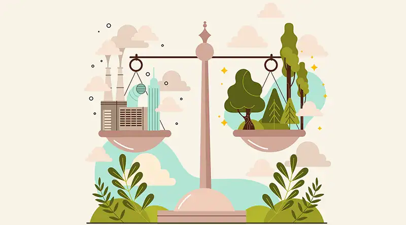 Carbon neutral concept of scale balancing carbon emissions with plants and trees