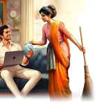 Illustration of young couple seated on a sofa talking to their maid who is standing and holding a broom