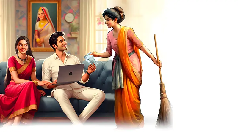 Illustration of young couple seated on a sofa talking to their maid who is standing and holding a broom