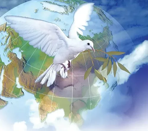 Dove holding an olive branch flying in front of an earth globe