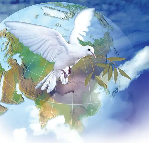 Dove holding an olive branch flying in front of an earth globe