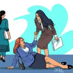 Illustration of an elderly woman on the road with a young woman trying to help her up while others walk away