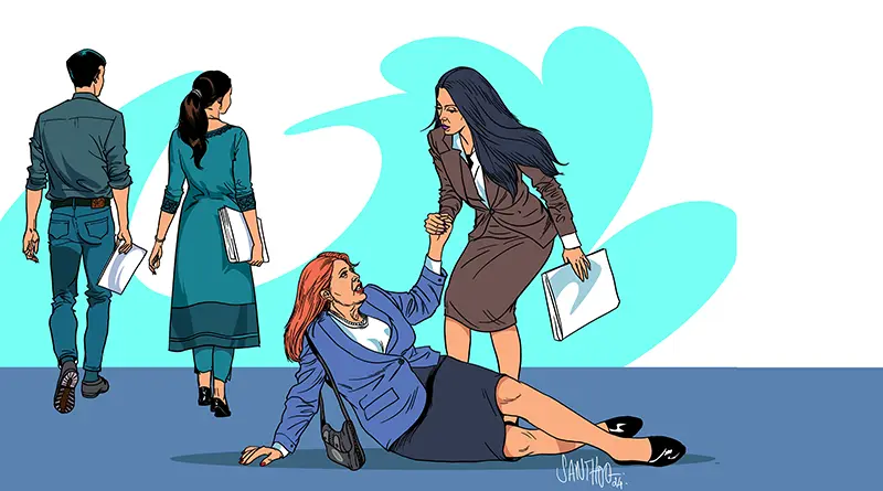 Illustration of an elderly woman on the road with a young woman trying to help her up while others walk away