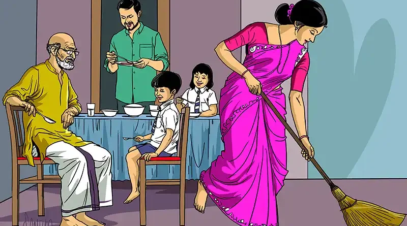 Illustration of a family at a dining table with the mother sweeping the floor near it