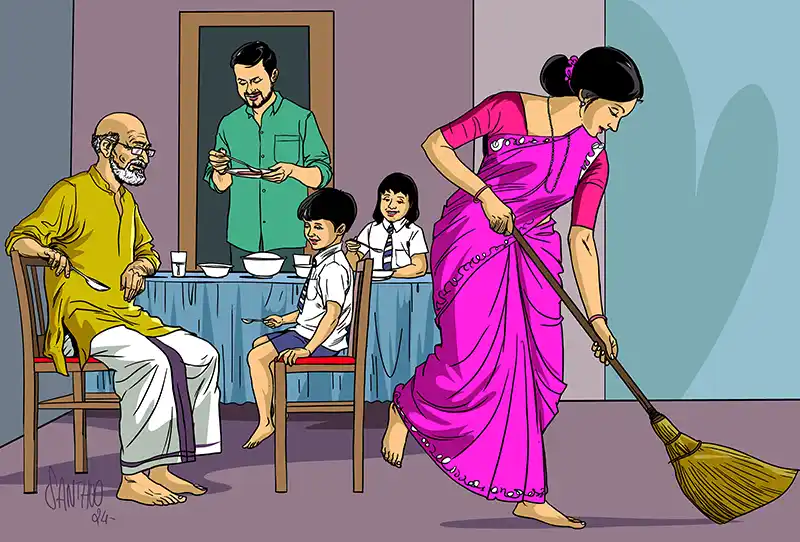 Illustration of a family at a dining table with the mother sweeping the floor near it