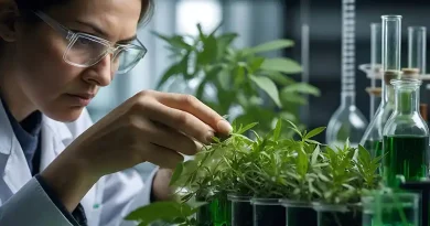 Female botanist conducting research on plants in a laboratory