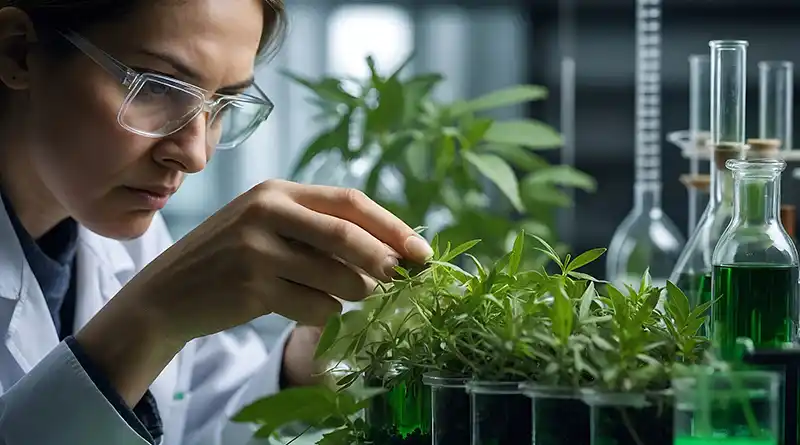 Female botanist conducting research on plants in a laboratory