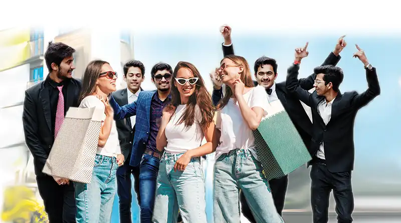 Male and female friends shopping and partying