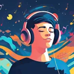 Girl wearing headphones against colourful background
