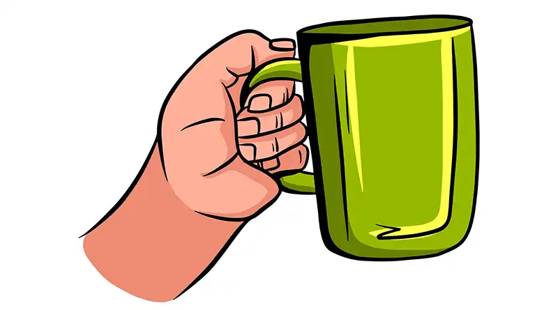 Illustration of a hand holding a green coffee mug