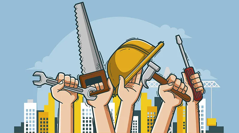 Workers hands with the tools of trade for various occupations
