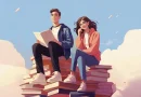 Illustration of a male student and a female student sitting on a pile of books.