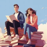 Illustration of a male student and a female student sitting on a pile of books.