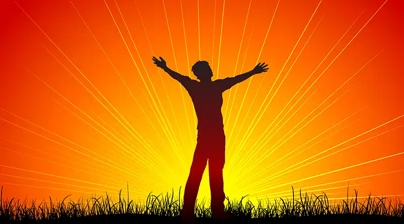 Illustration of a man raising his arms to the sun's rays