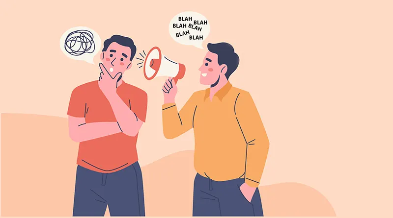Illustration of a man talking too much to another man who is looking confused.