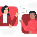 Man and woman having a conversation with speech bubbles behind each of them