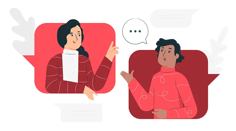 Man and woman having a conversation with speech bubbles behind each of them